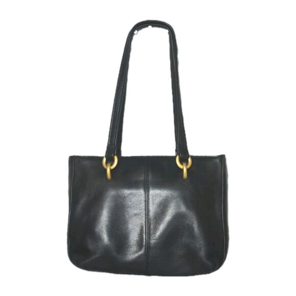 Vintage Tignanello Shoulder Bag Black Smooth All Leather Gold Ring Accents Chic - Picture 1 of 9